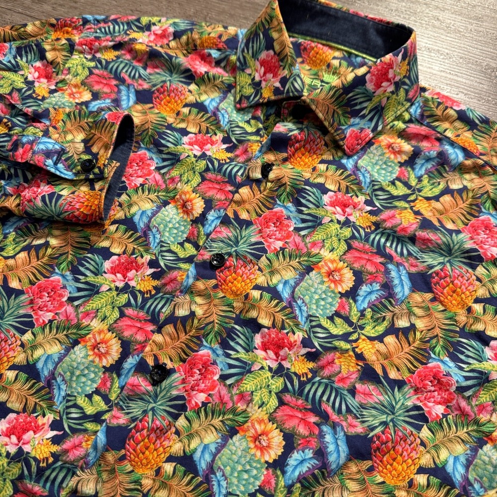 Bertigo Shirt Mens Medium Floral Hawaiian Aloha 100% Cotton Tropical Resort Long